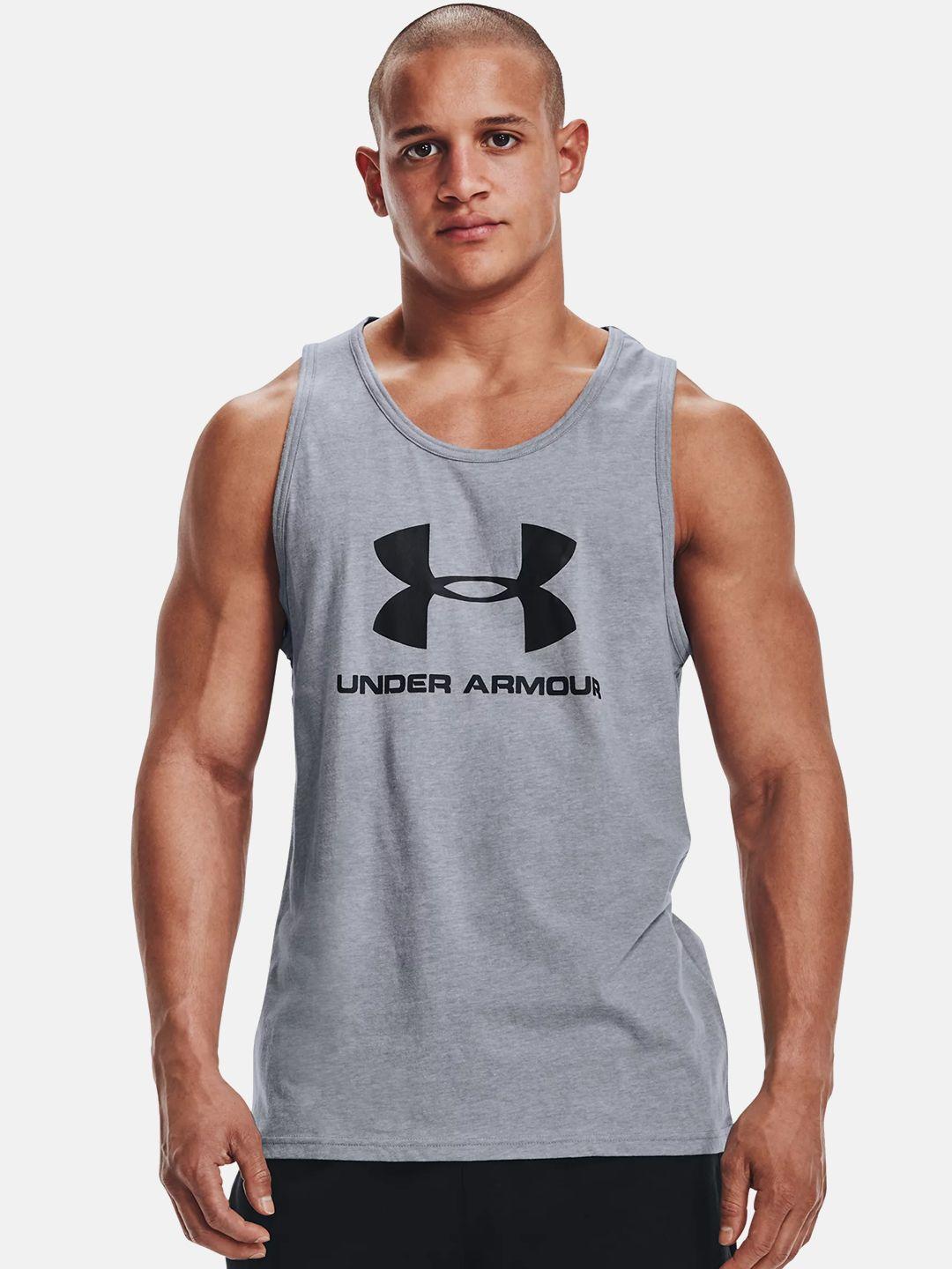 under armour men grey & black brand logo printed loose t-shirt