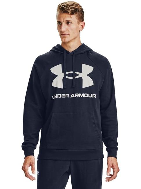 under armour navy blue regular fit printed hooded sweatshirt