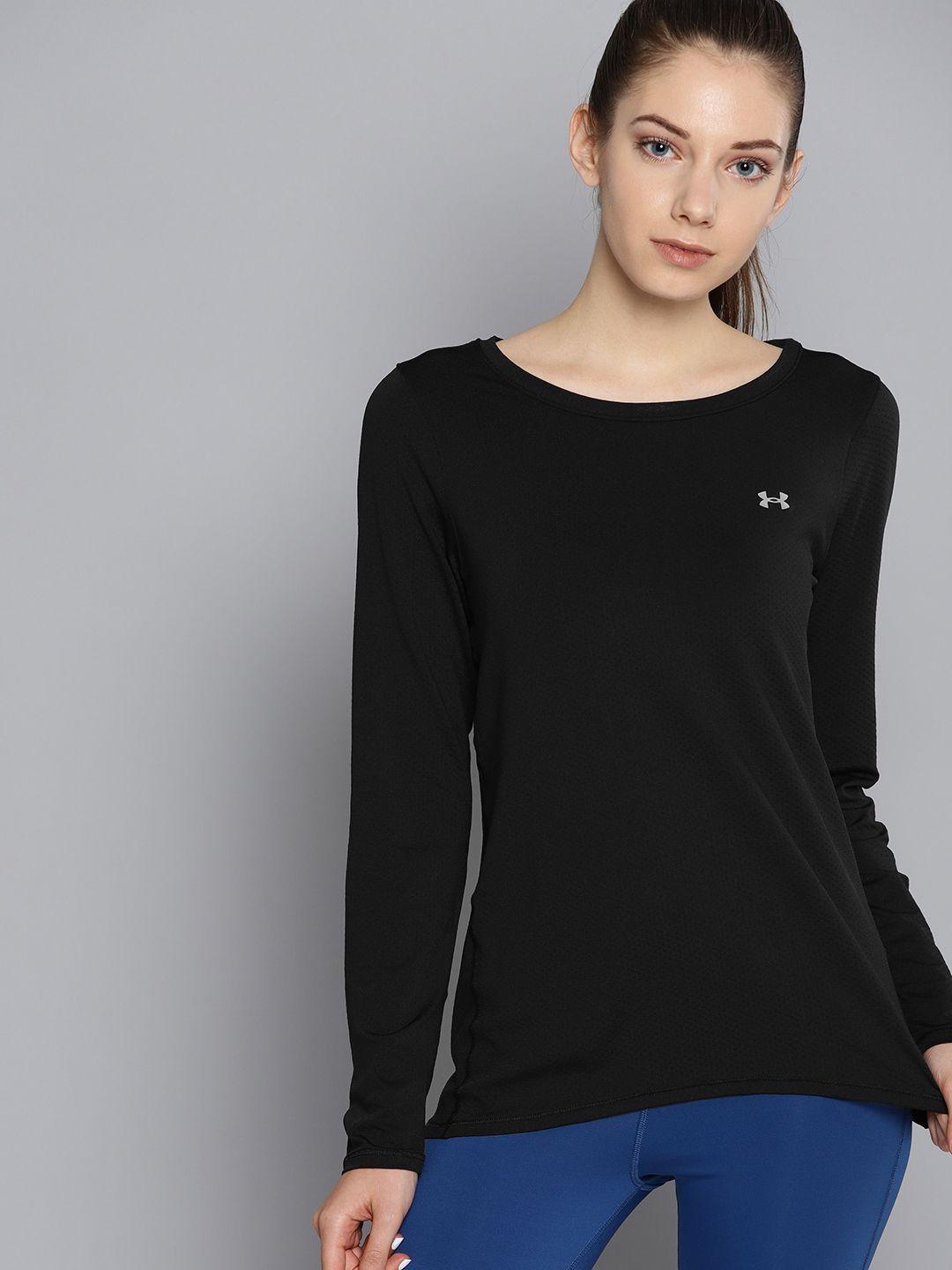 under armour women black self design heatgear t-shirt