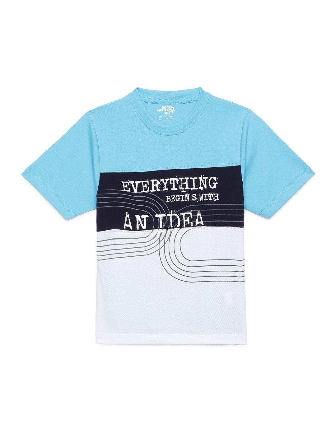 under fourteen only boys blue  white typography printed colorblocked pure cotton t-shirt