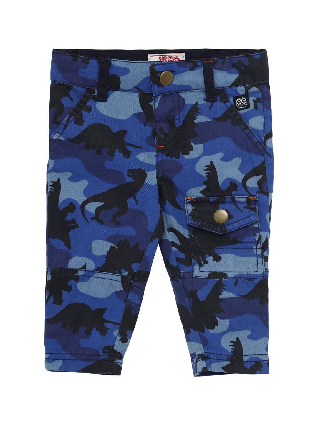 under fourteen only boys blue camouflage printed slim fit joggers trousers