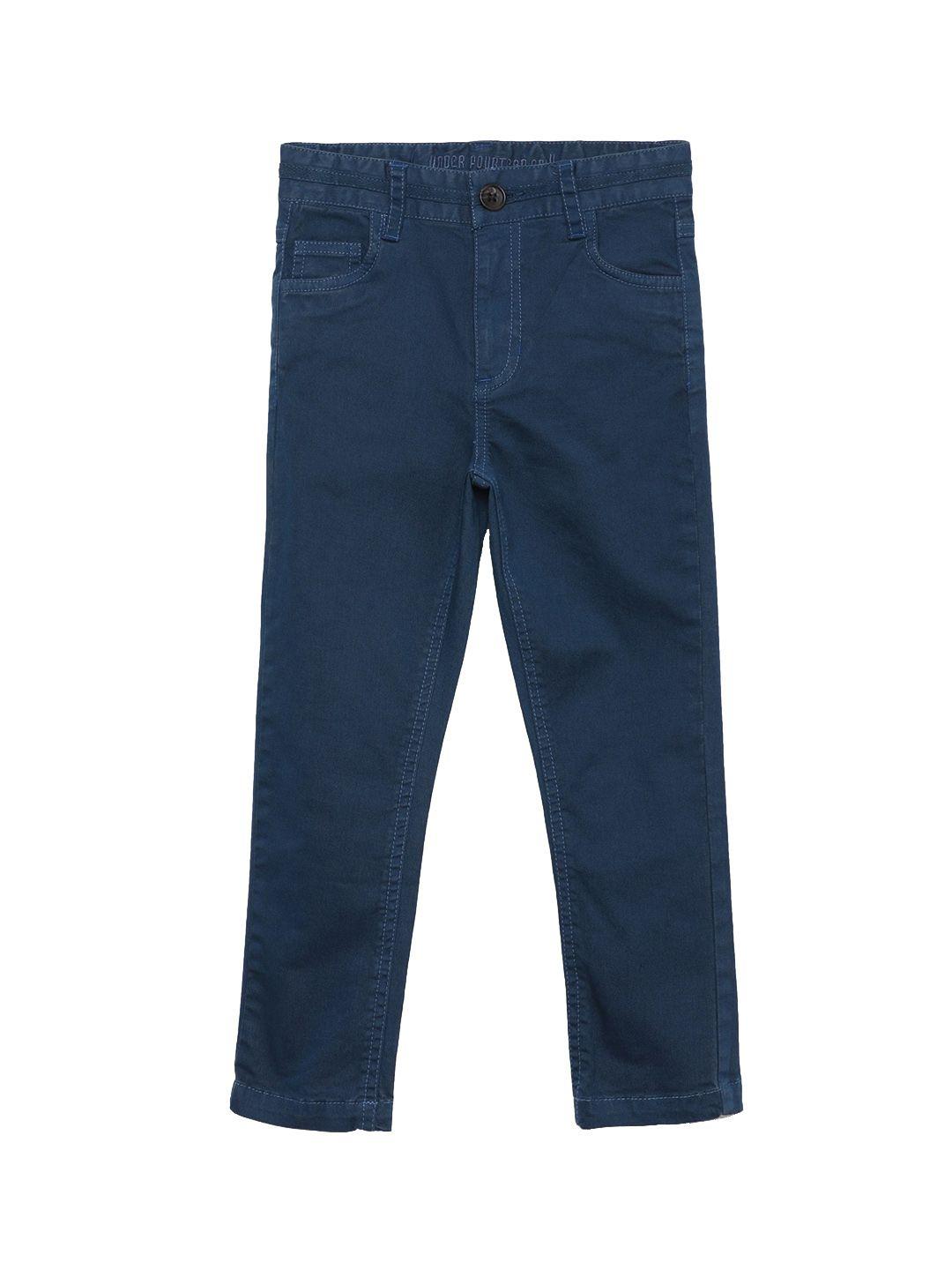 under fourteen only boys blue solid slim fit cotton regular trousers
