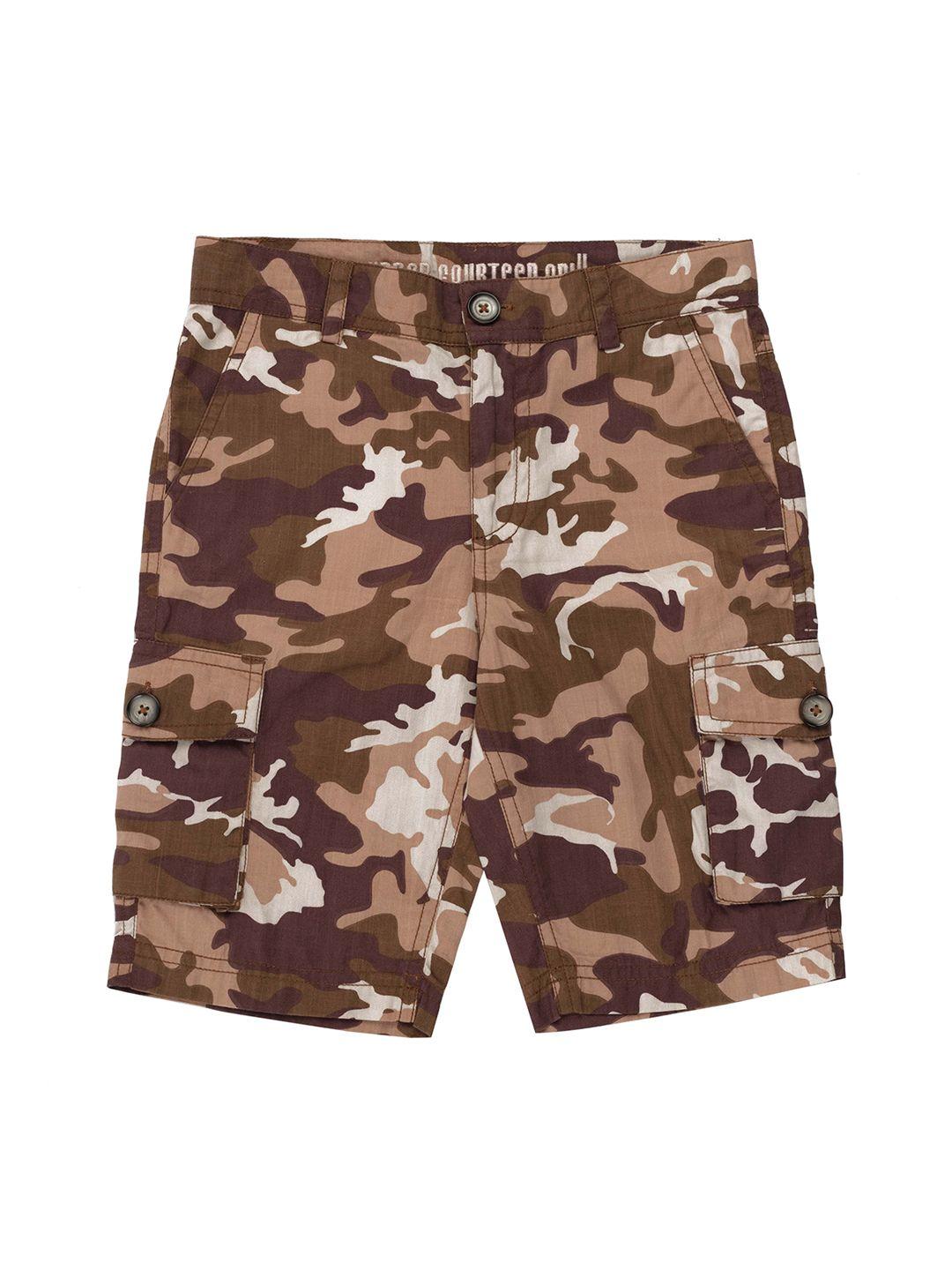 under fourteen only boys brown camouflage printed regular shorts