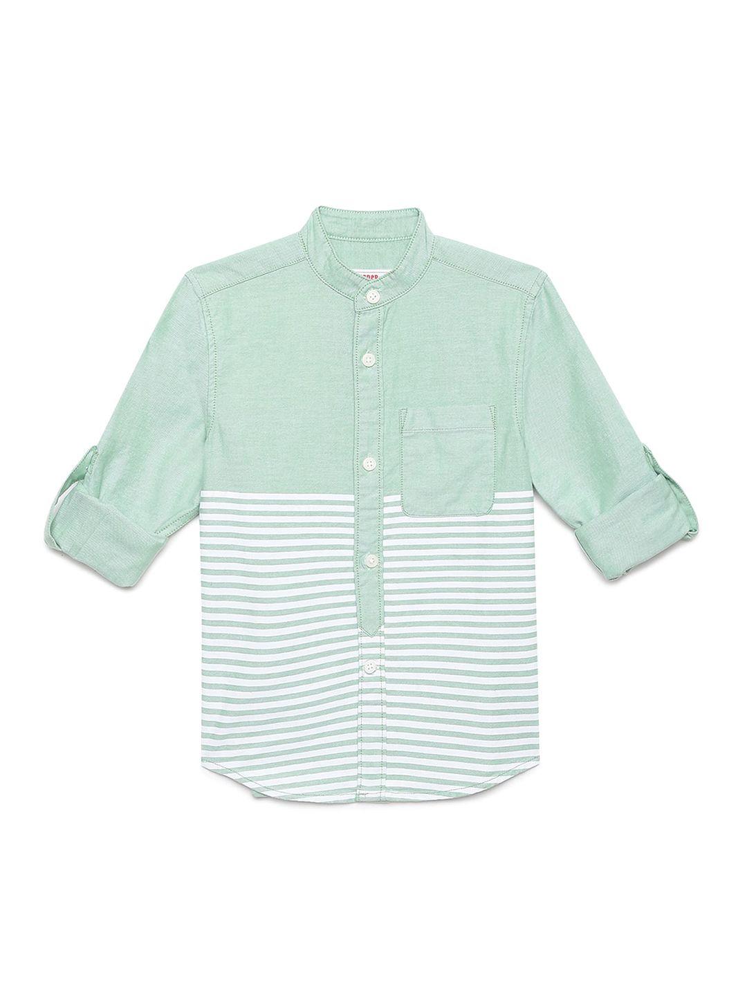 under fourteen only boys green horizontal striped cotton casual shirt