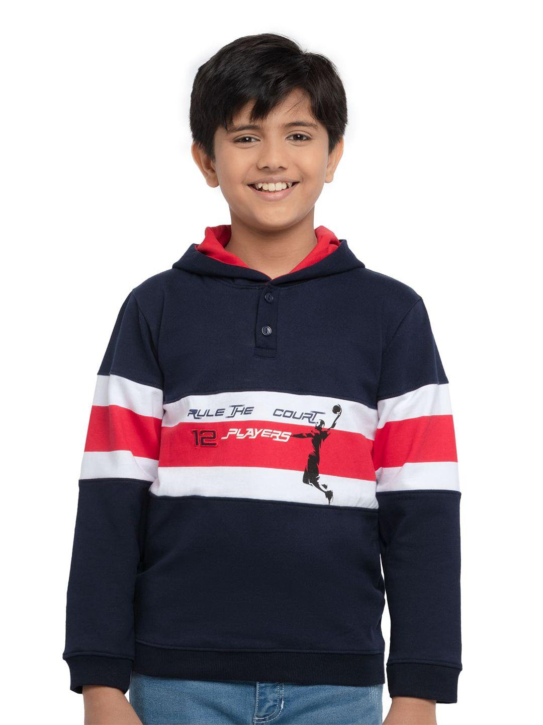 under fourteen only boys navy blue & white typography printed hooded cotton sweatshirt