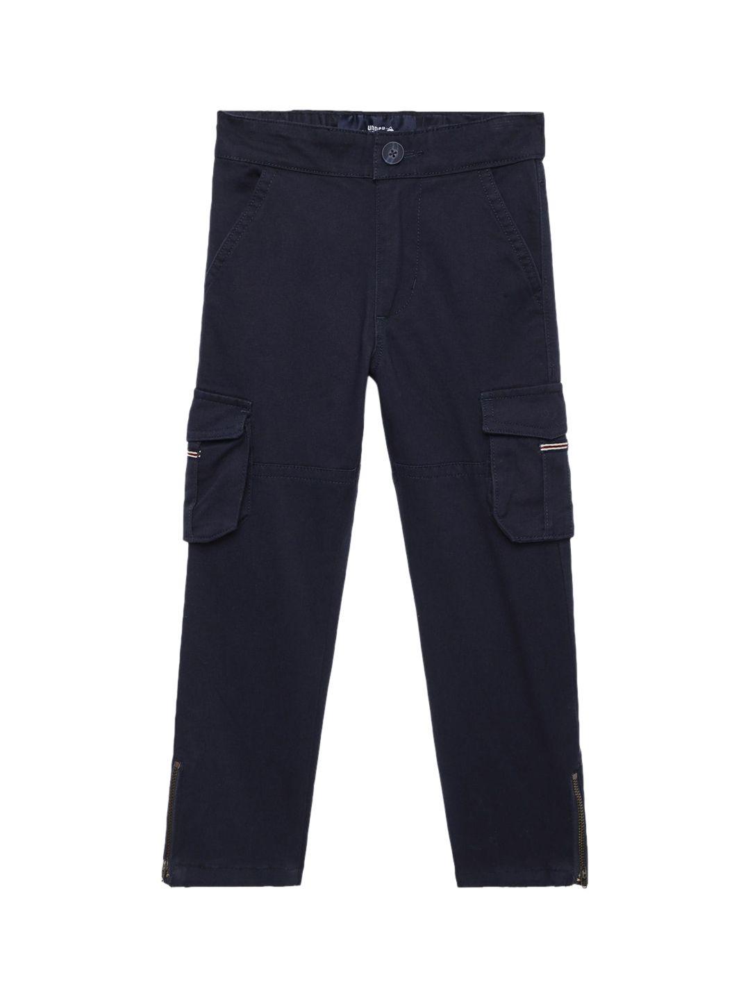 under fourteen only boys navy blue slim fit cargos trousers