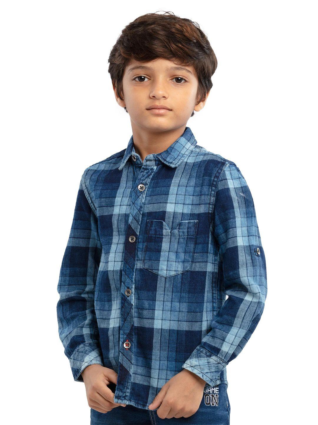 under fourteen only boys navy blue tartan checks checked casual shirt