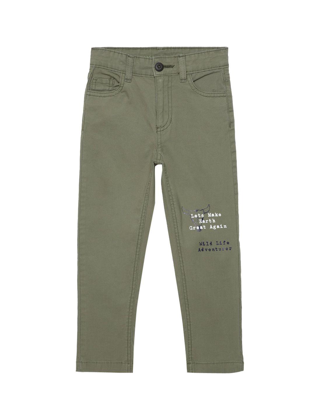 under fourteen only boys olive green printed slim fit trousers