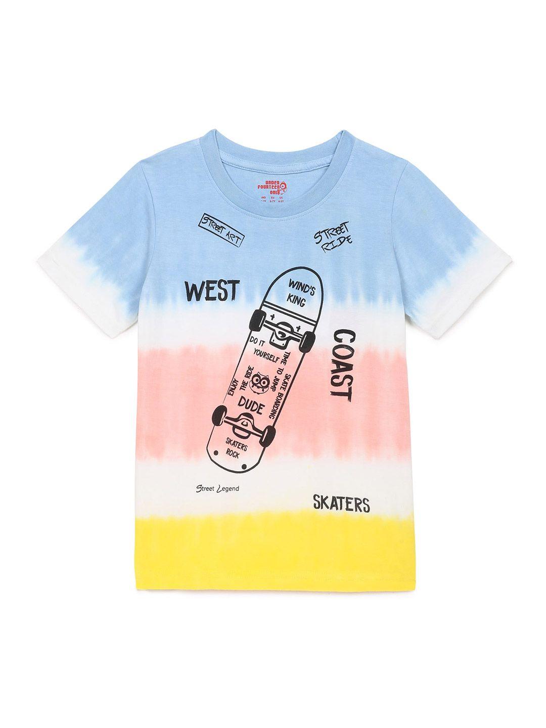 under fourteen only boys peach colourblocked dyed cotton t-shirt