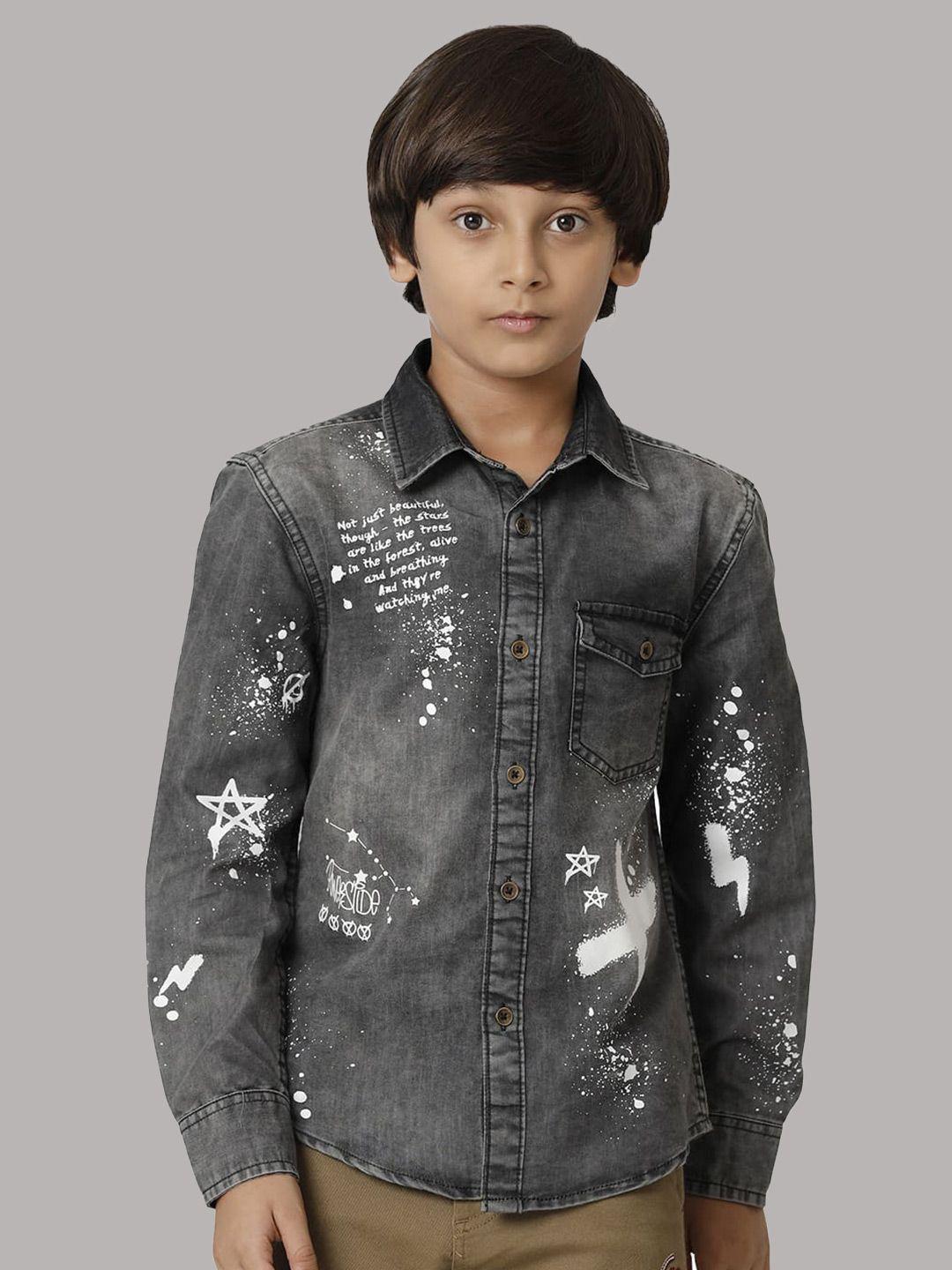 under fourteen only boys typography printed casual denim shirt