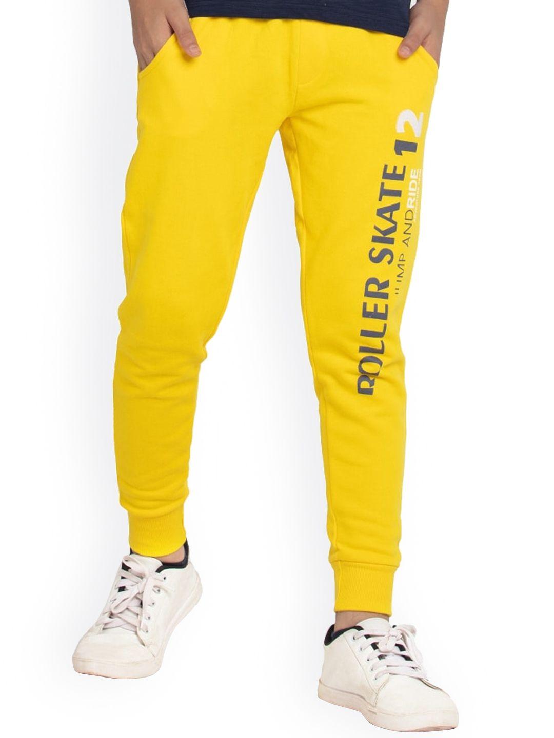under fourteen only boys yellow & grey printed slim fit cotton joggers