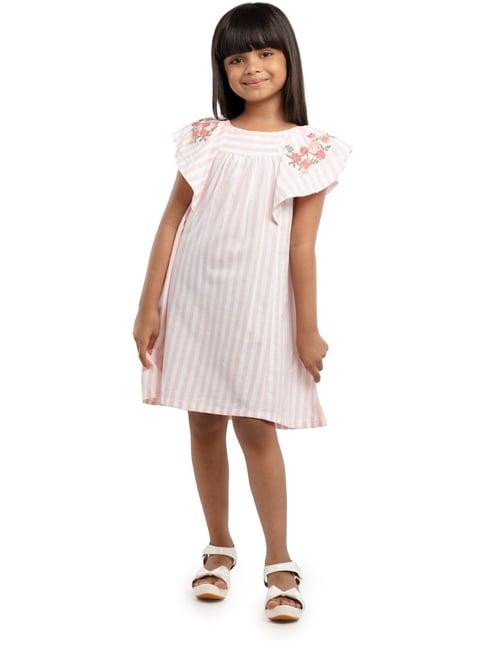 under fourteen only kids pink & white cotton embroidered dress
