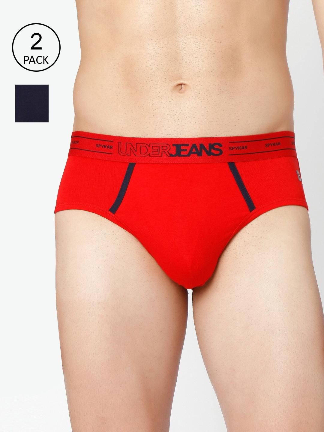 underjeans by spykar men navy blue & red pack of 2 solid basic briefs