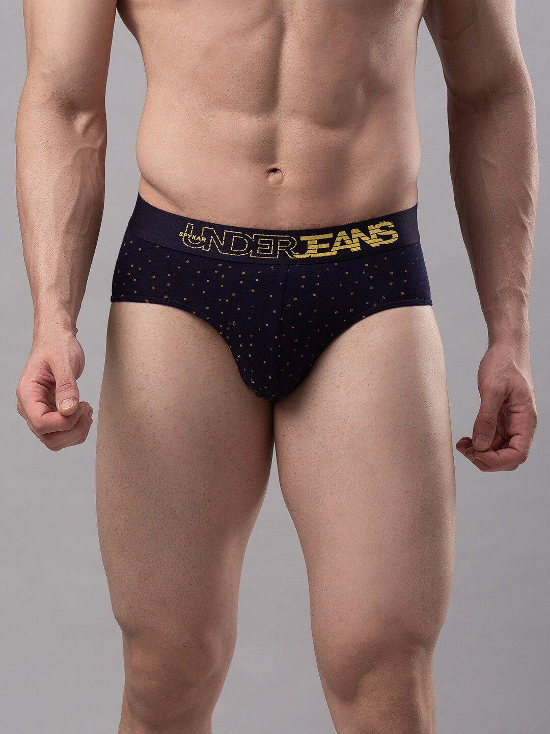 underjeans-by-spykar-men-navy-blue-&-yellow-printed-basic-briefs