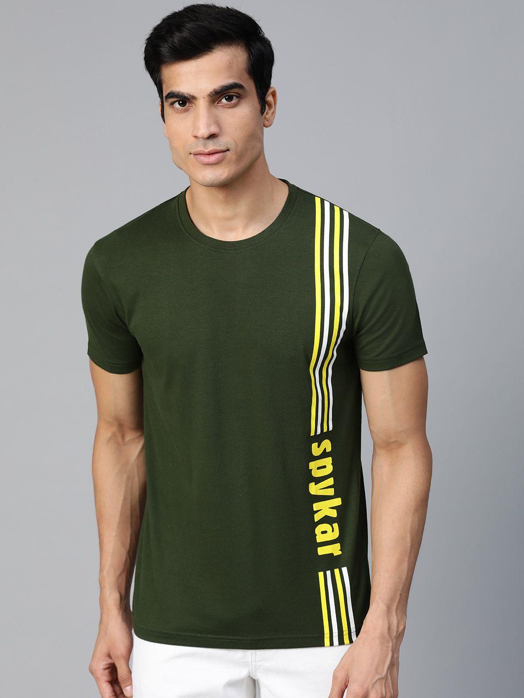 underjeans by spykar men olive green striped detail round neck t-shirt