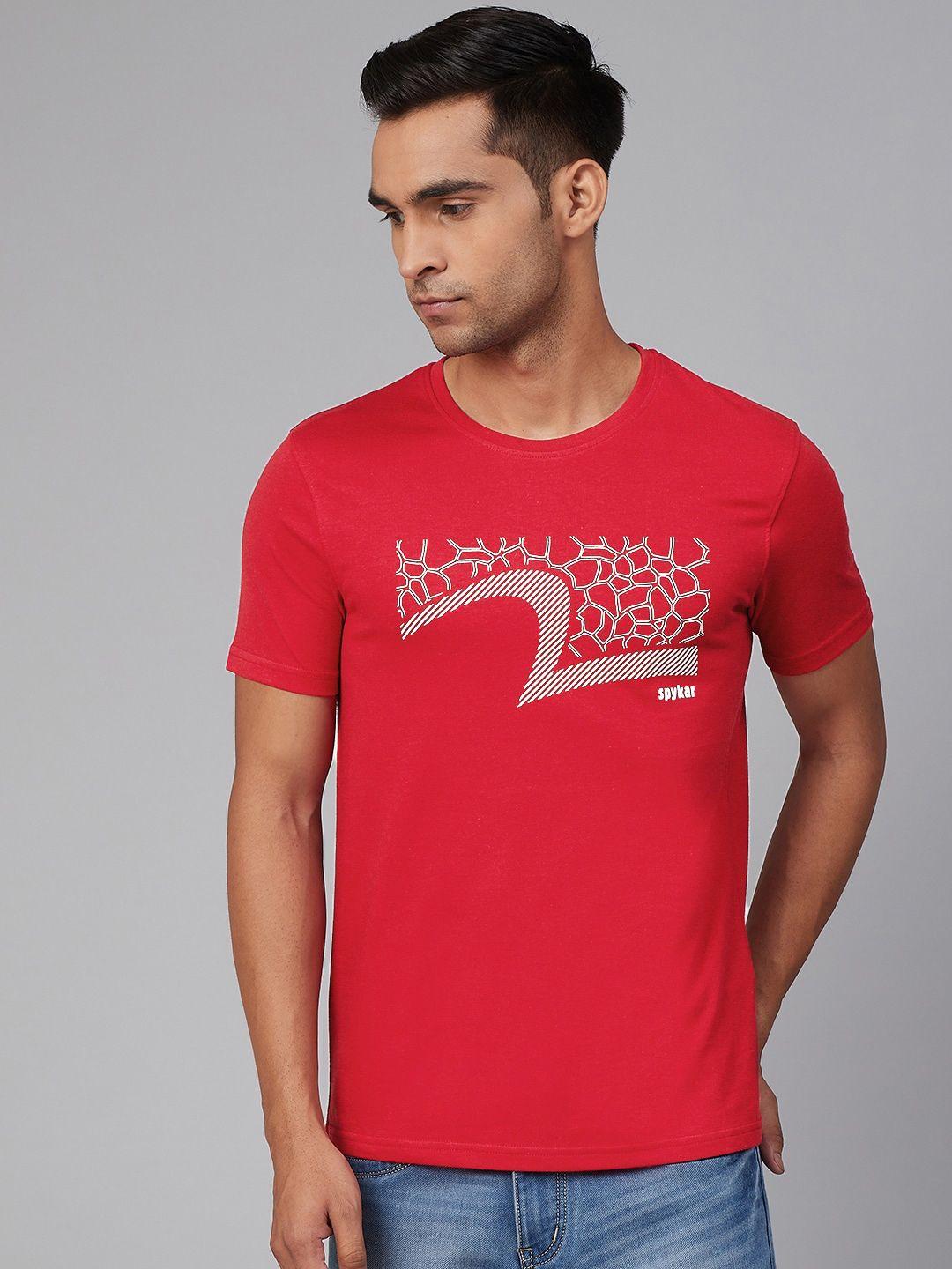 underjeans by spykar men red & white printed round neck t-shirt
