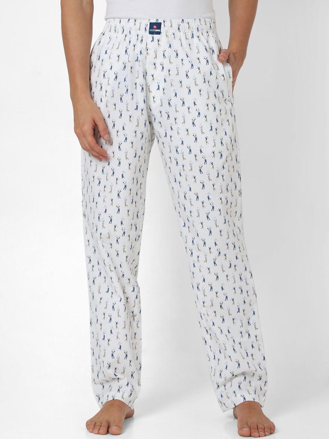 underjeans by spykar men white printed cotton lounge pants
