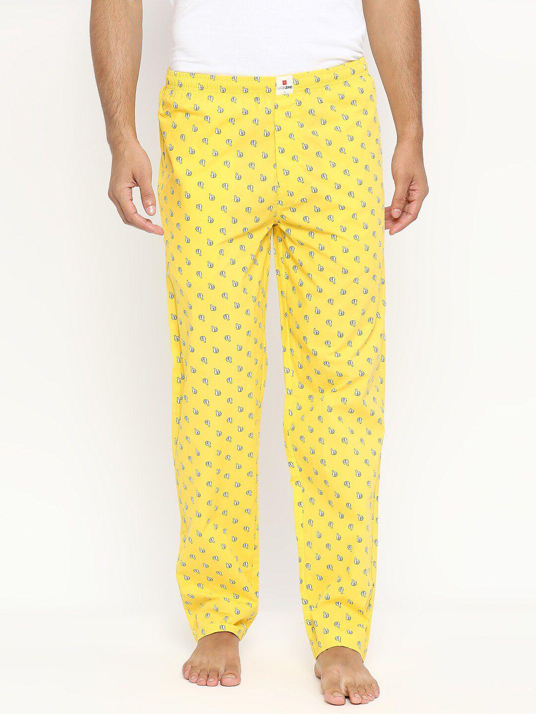 underjeans by spykar men yellow printed cotton lounge pants