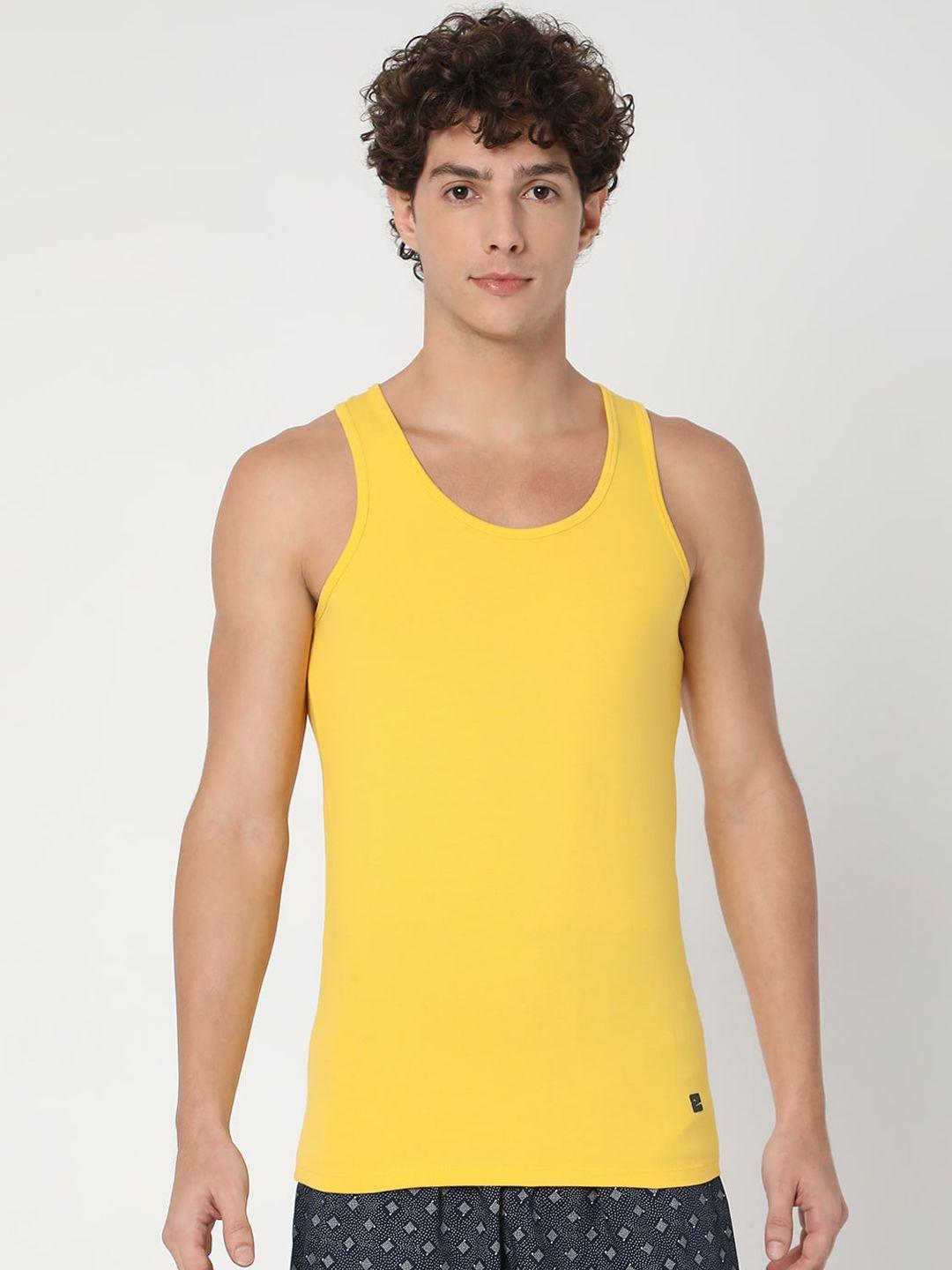 underjeans by spykar men yellow solid basic innerwear vests