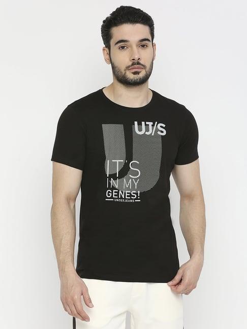 underjeans by spykar black regular fit printed t-shirt