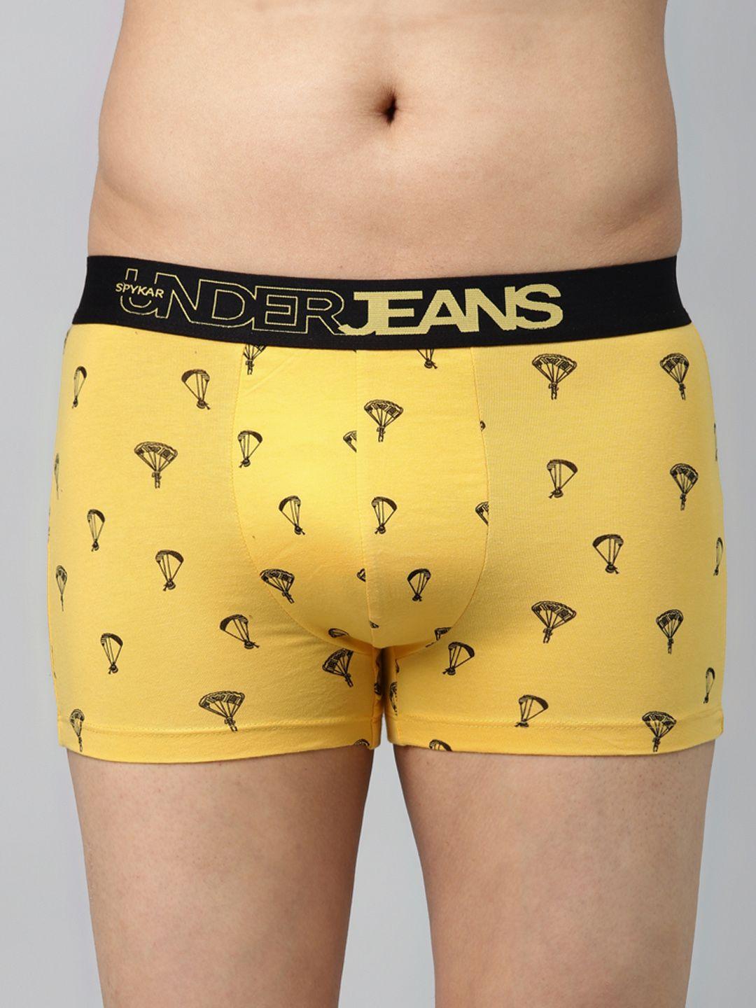 underjeans by spykar men mustard yellow & navy blue printed trunks 8907966426252