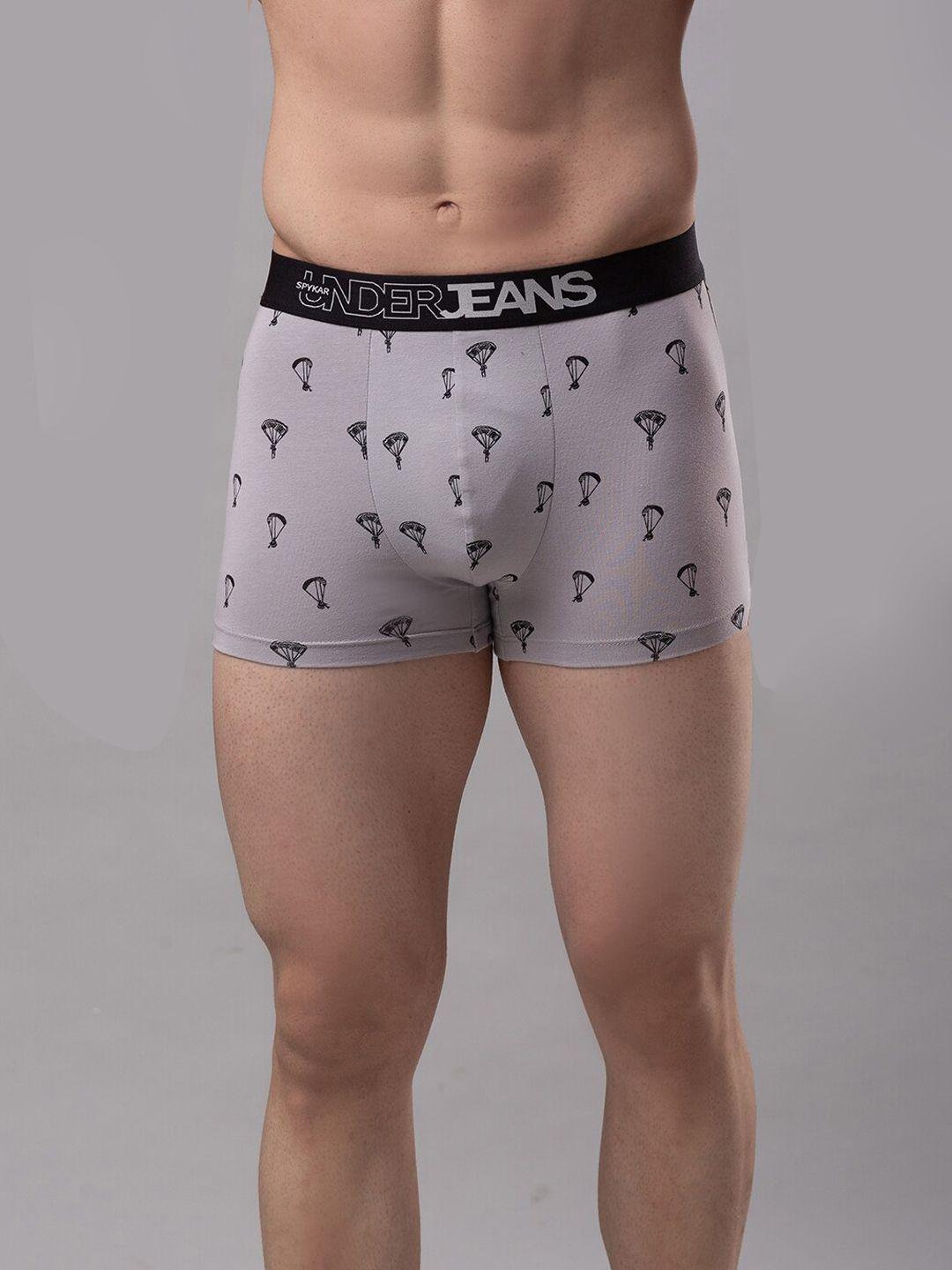 underjeans by spykar men pack of 2 grey & black printed cotton blend trunks