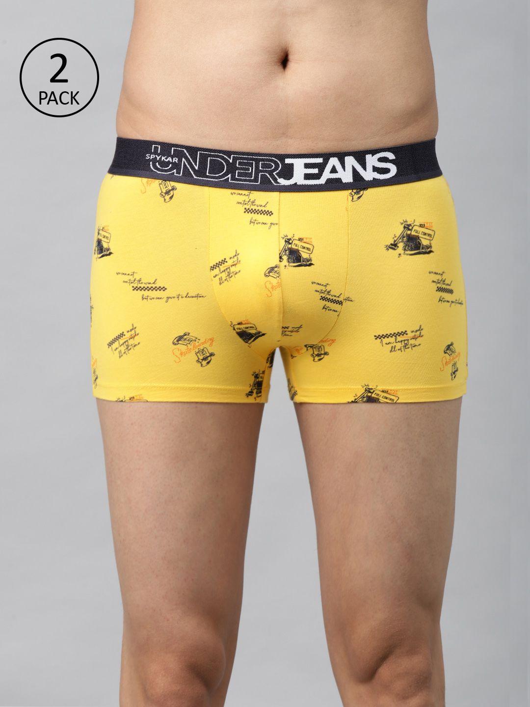 underjeans by spykar men pack of 2 yellow & navy blue printed trunks 8907966433601