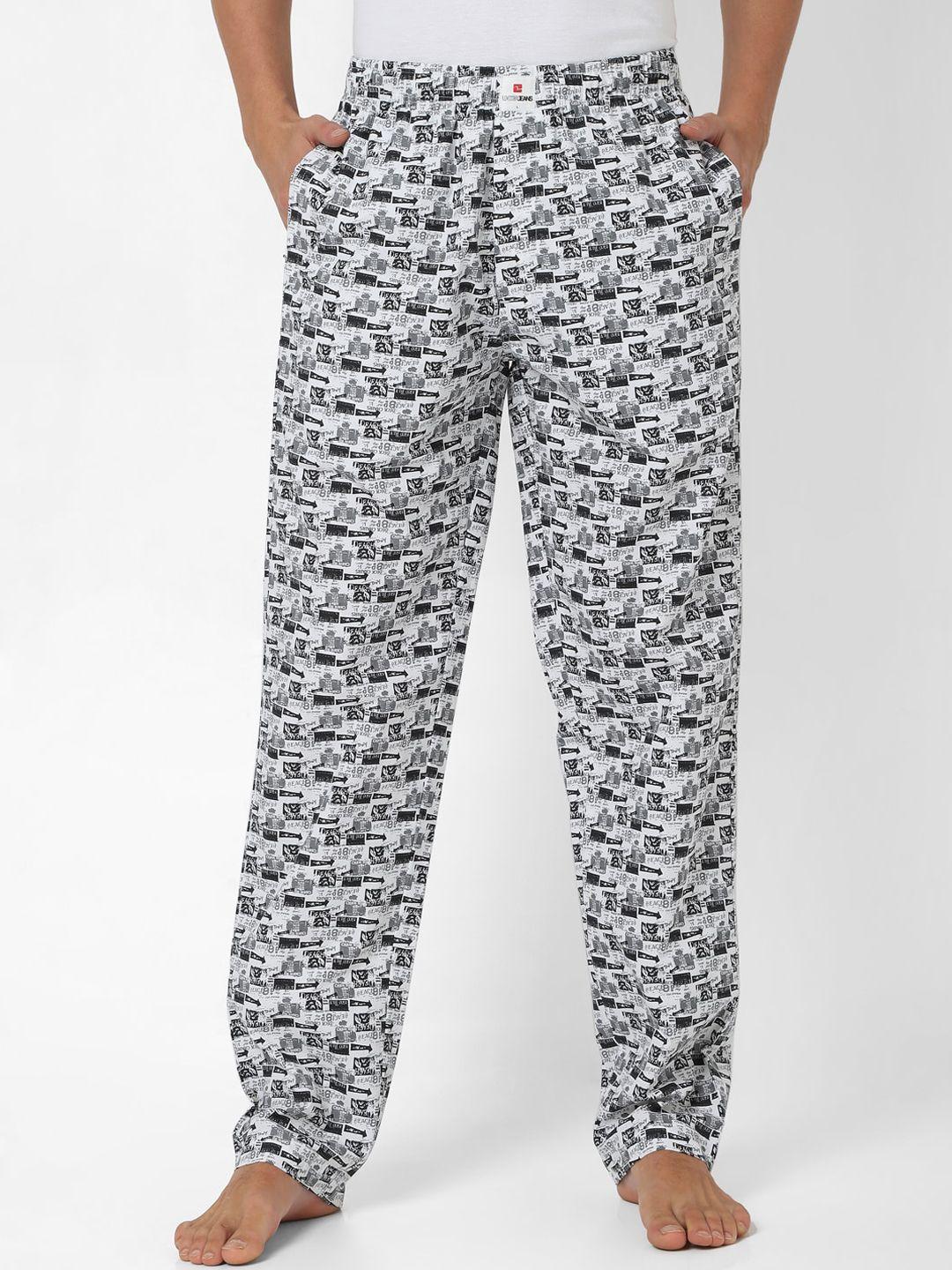 underjeans by spykar men white & grey printed cotton regular fit lounge pants