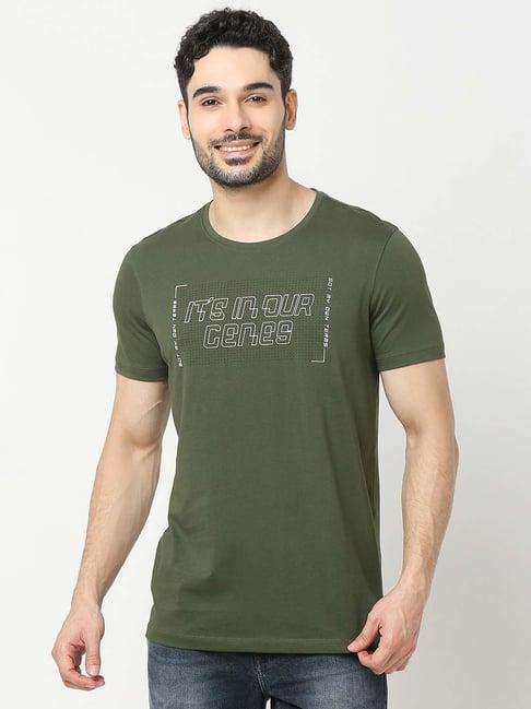 underjeans by spykar olive regular fit self design cotton crew t-shirt