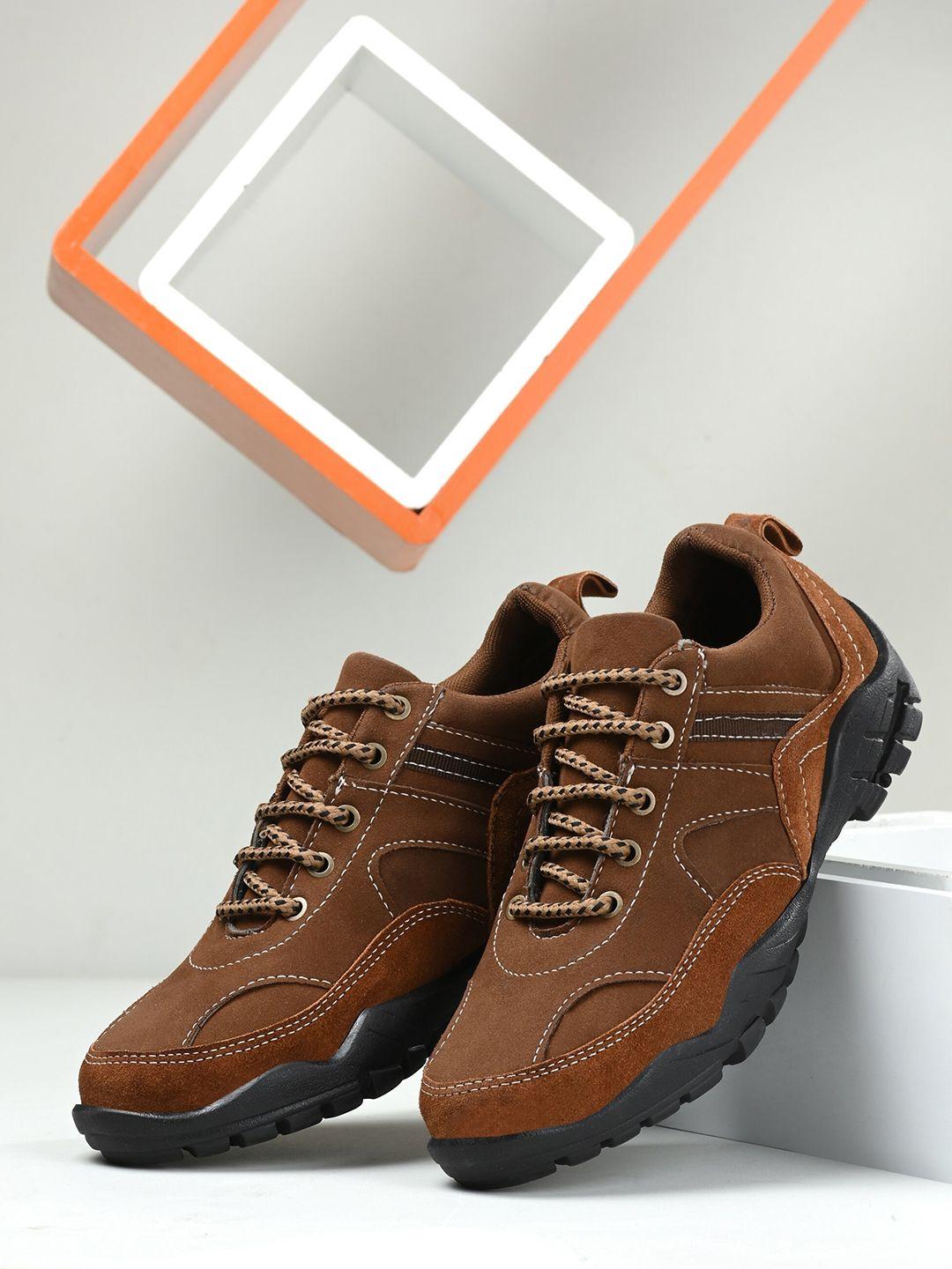 underroute men brown textured leather trekking shoes