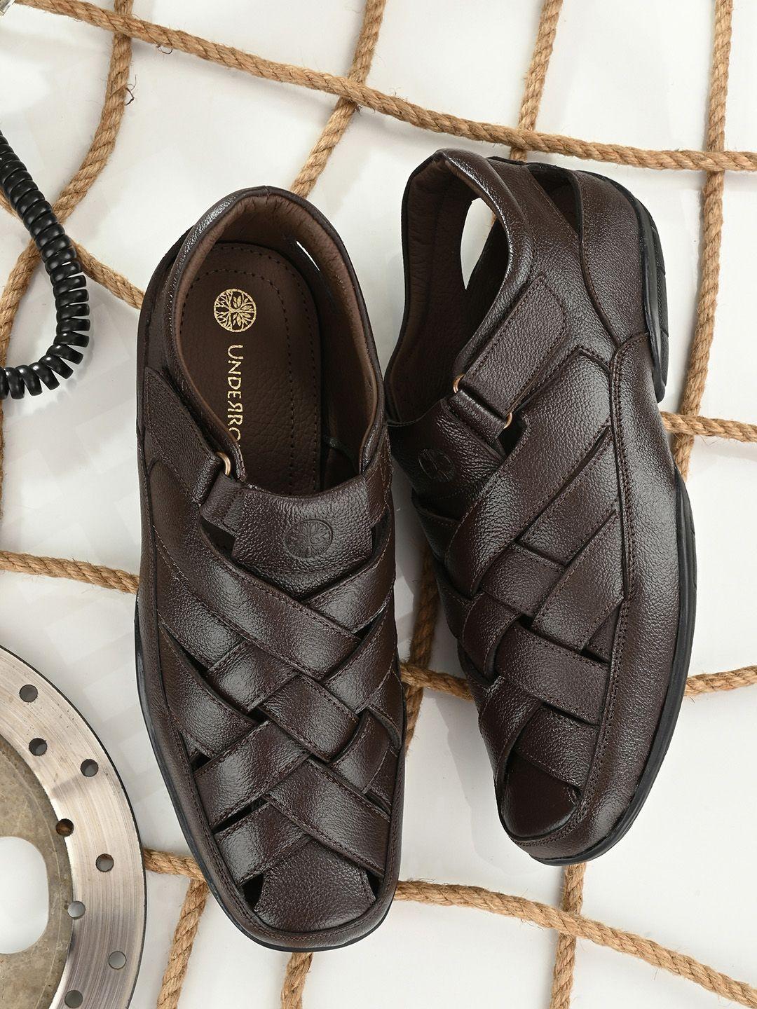 underroute men brown leather shoe-style velcro sandals