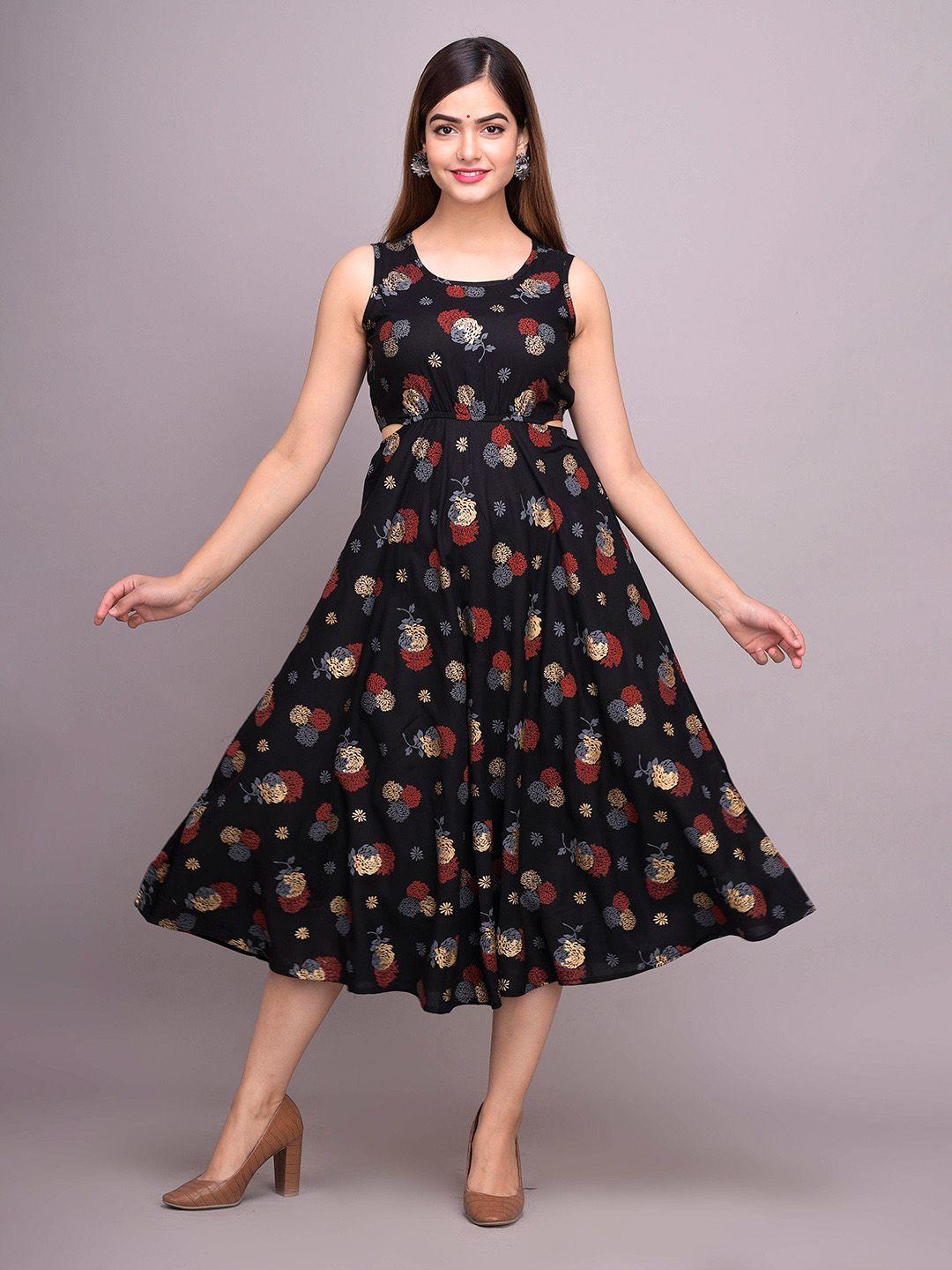 unibliss black & french middle red purple floral print a-line midi dress