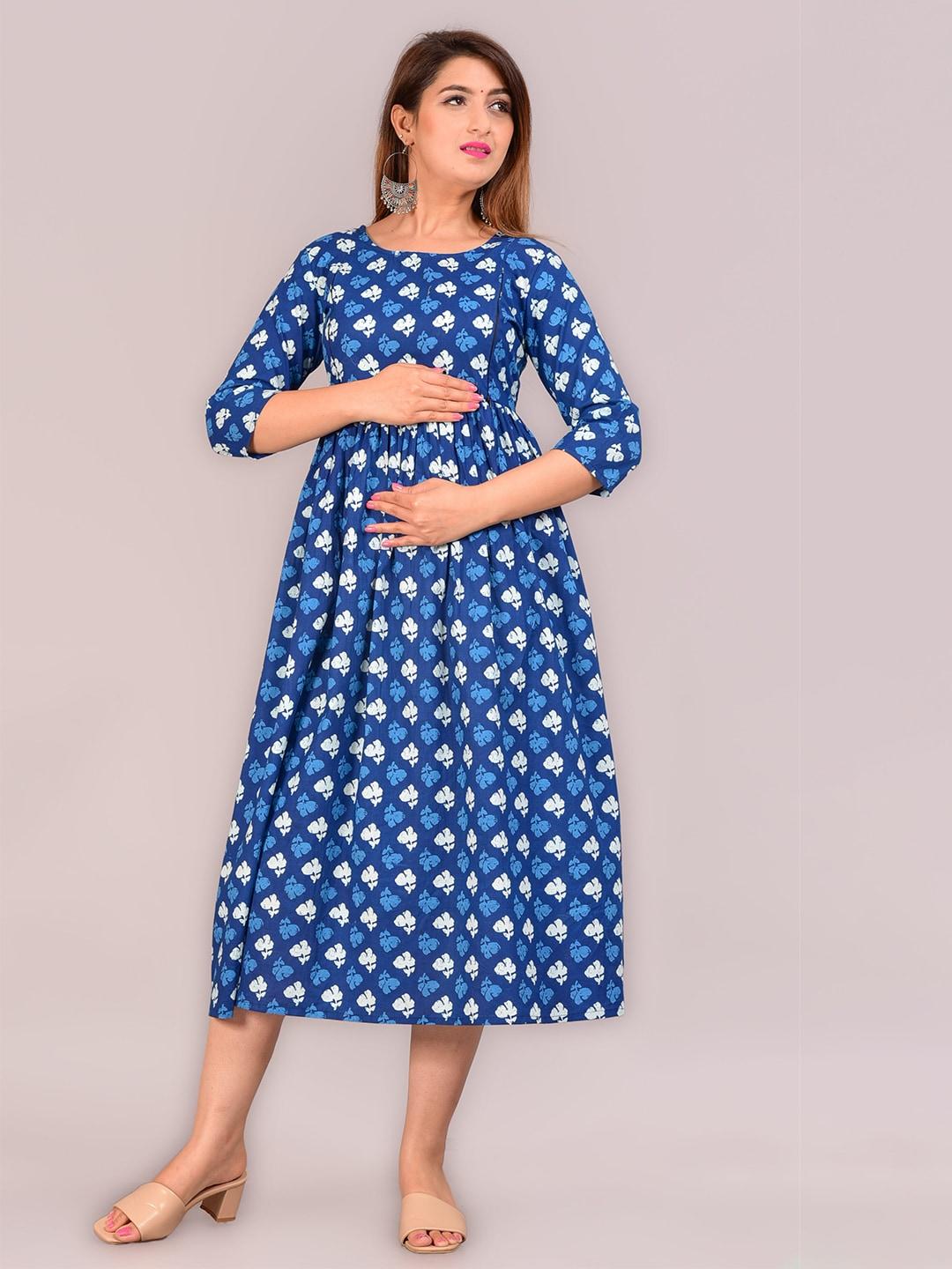 unibliss blue floral print maternity maxi three-quarter dress