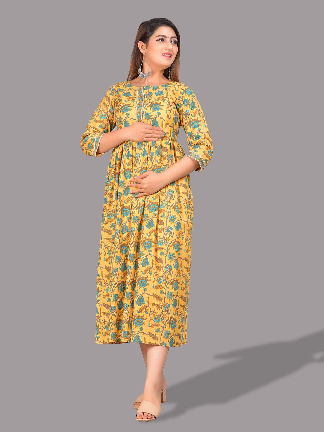 unibliss floral printed cotton maternity feeding a-line midi dress