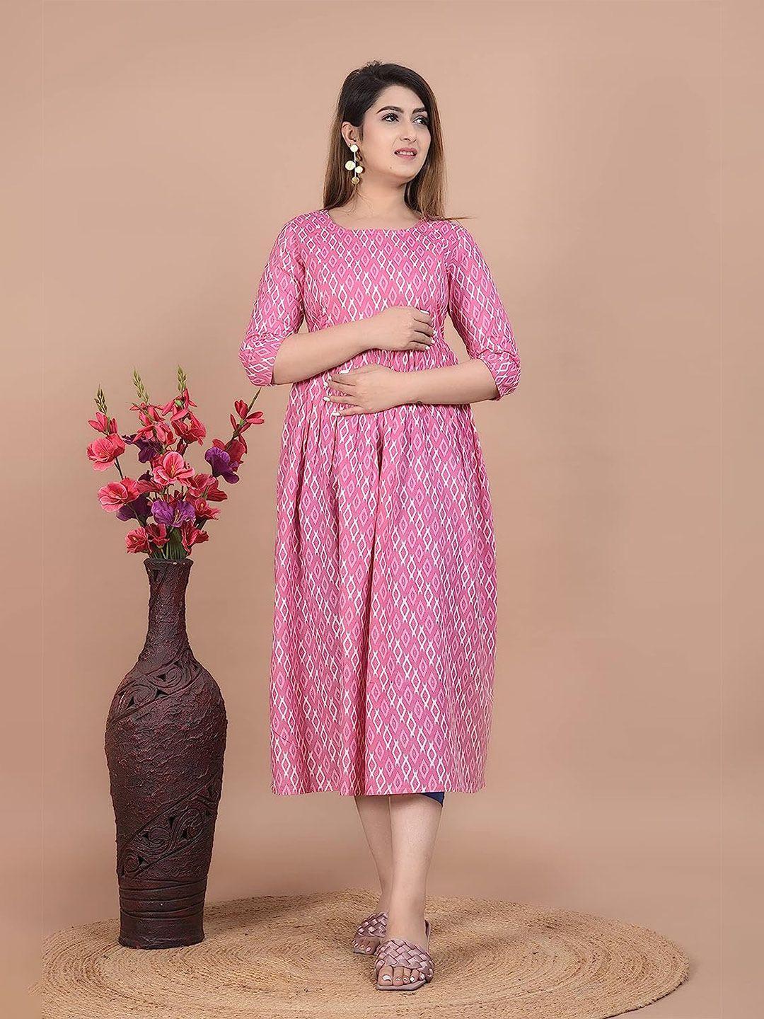 unibliss geometric printed cotton maternity fit & flare midi dress
