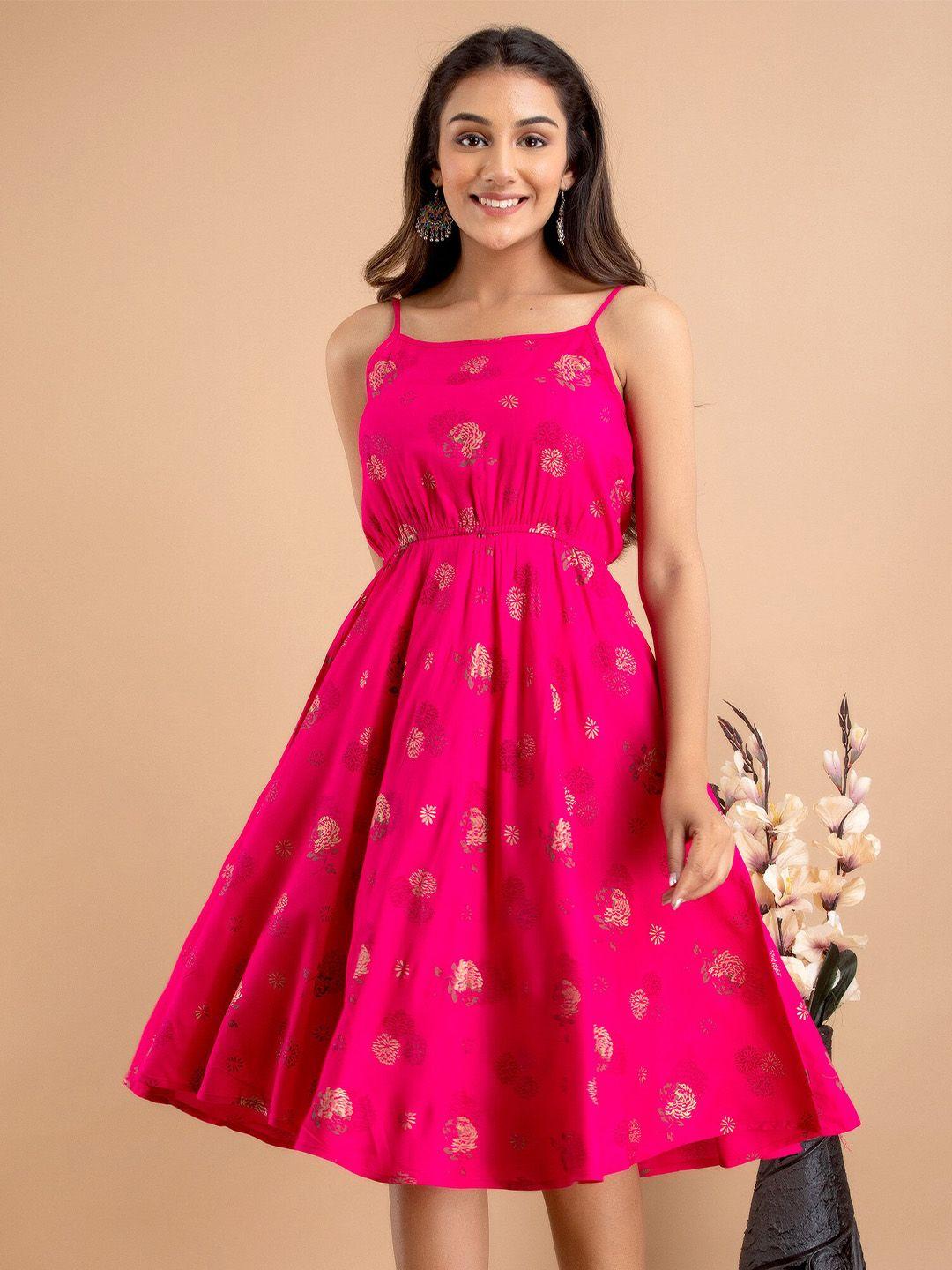 unibliss pink & vivid raspberry floral print fit & flare midi dress