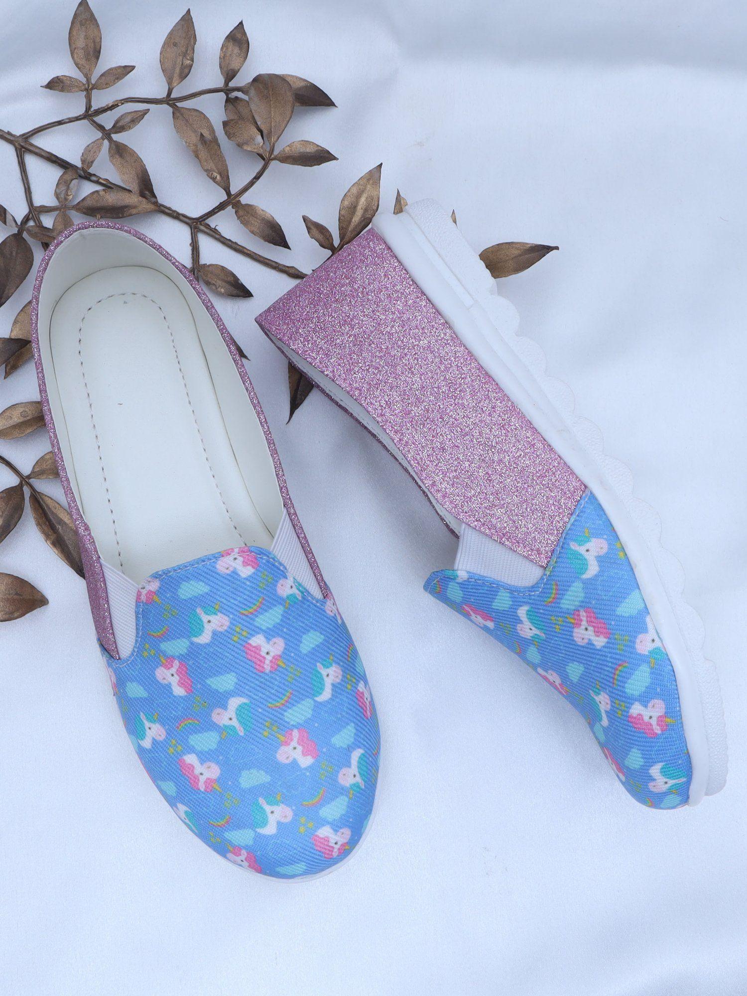 unicorn print and blue glitter slip-on shoes for girls