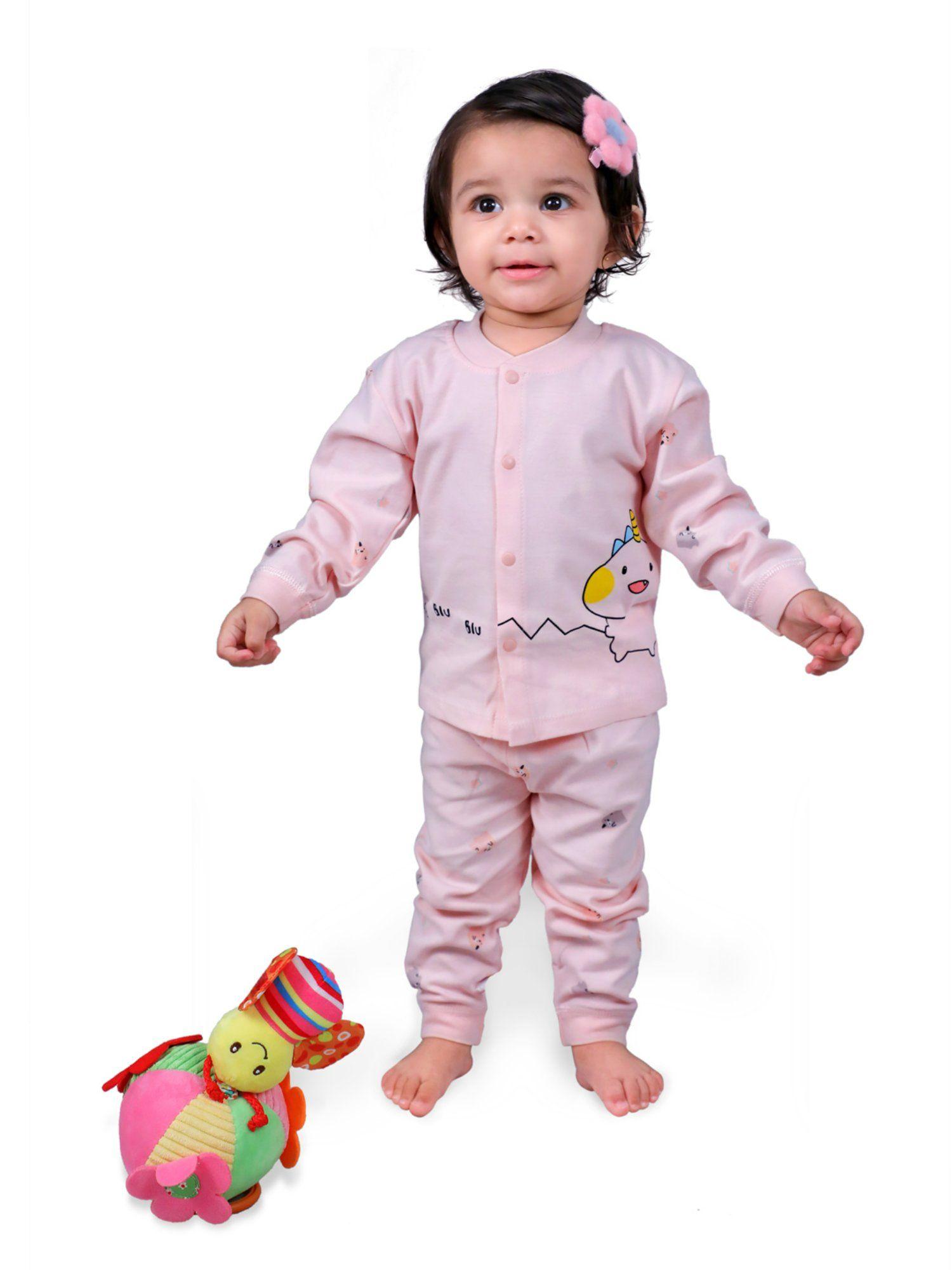 unicorn full sleeves buttoned pyjama night suit pink (set of 2)