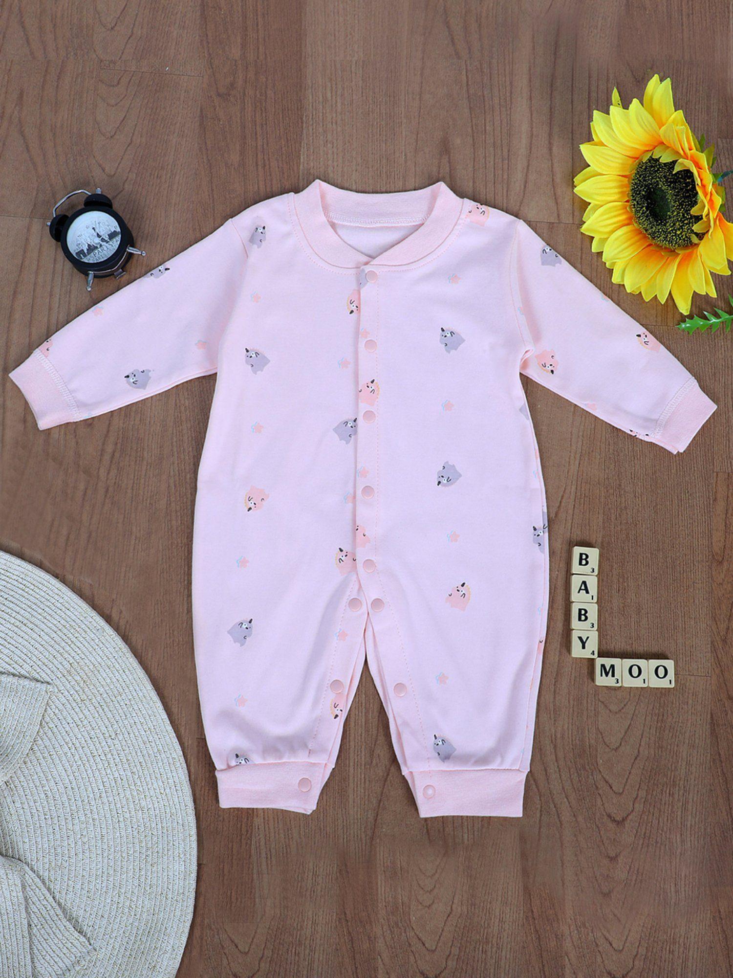 unicorns and stars full sleeves one-piece snap button bodysuit pink