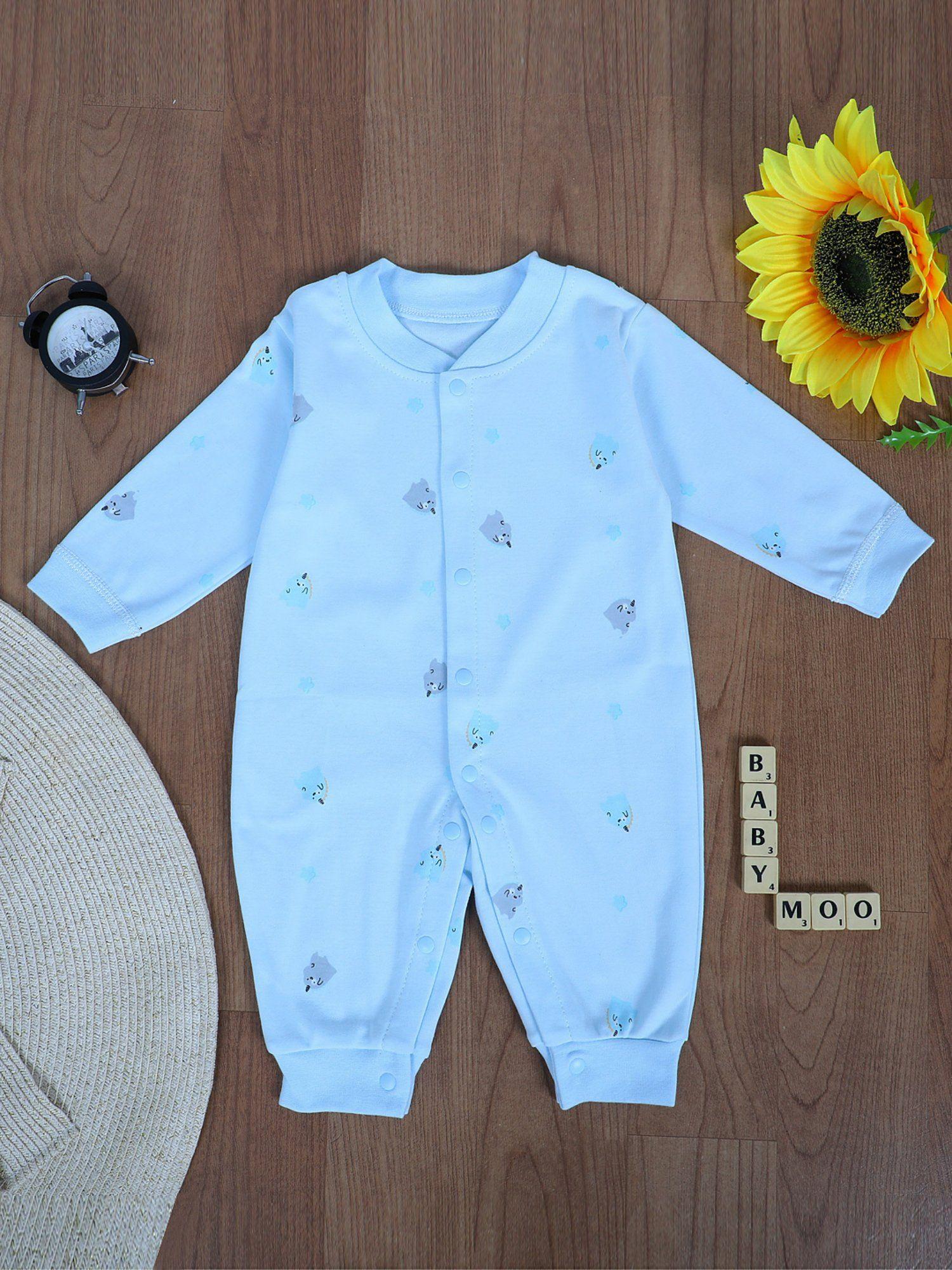 unicorns and stars full sleeves one-piece snap button bodysuit blue