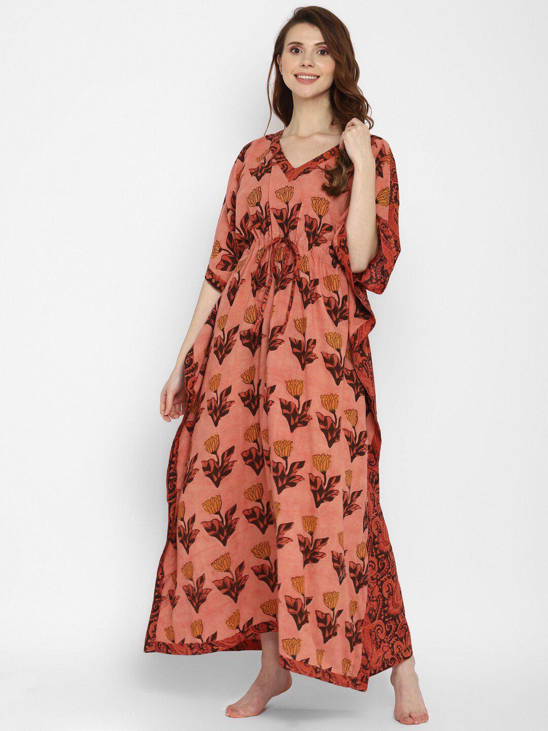 unidraa peach-coloured printed maxi nightdress