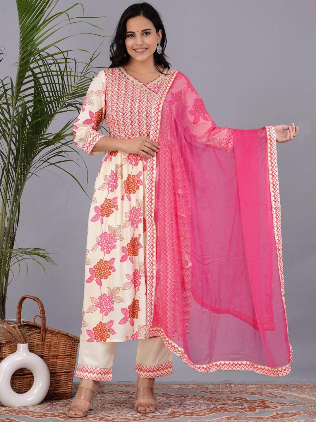 unisets floral embroidered angrakha kurta with trousers & dupatta