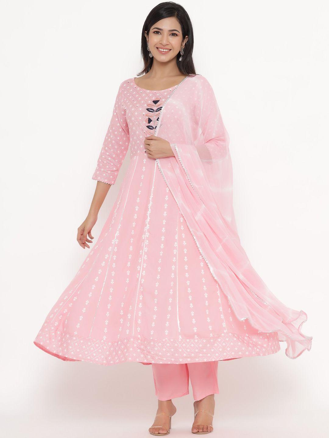 unisets women pink ethnic motifs printed empire kurta with trousers & with dupatta