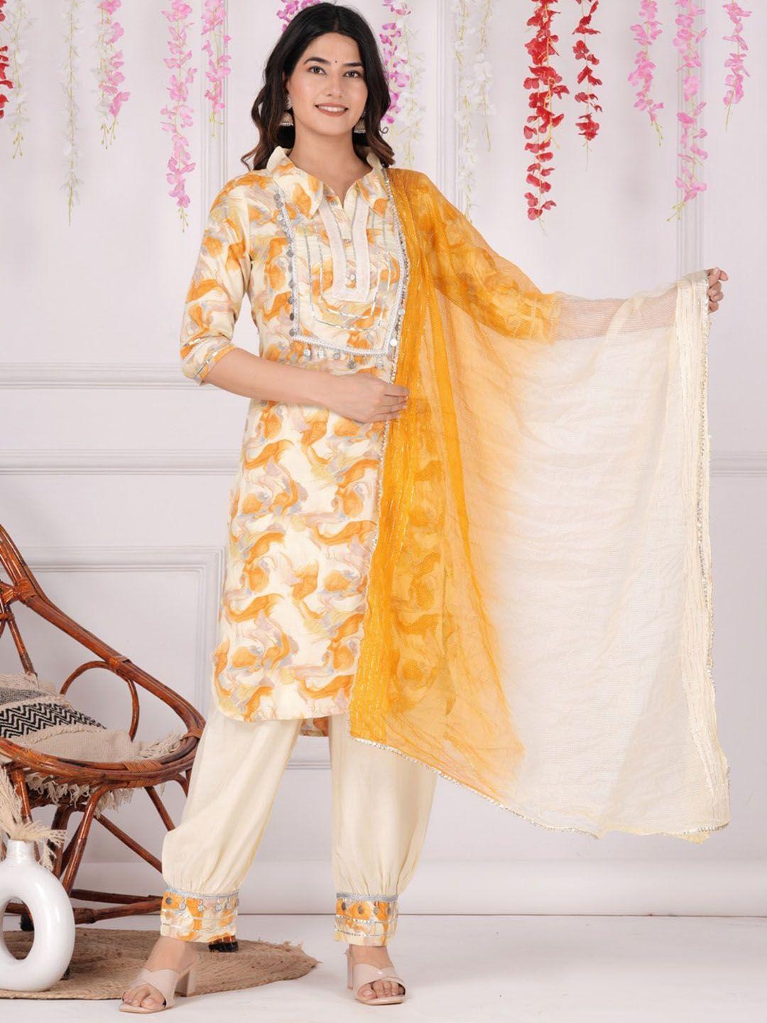 unisets abstract printed gotta patti kurta with salwar & dupatta