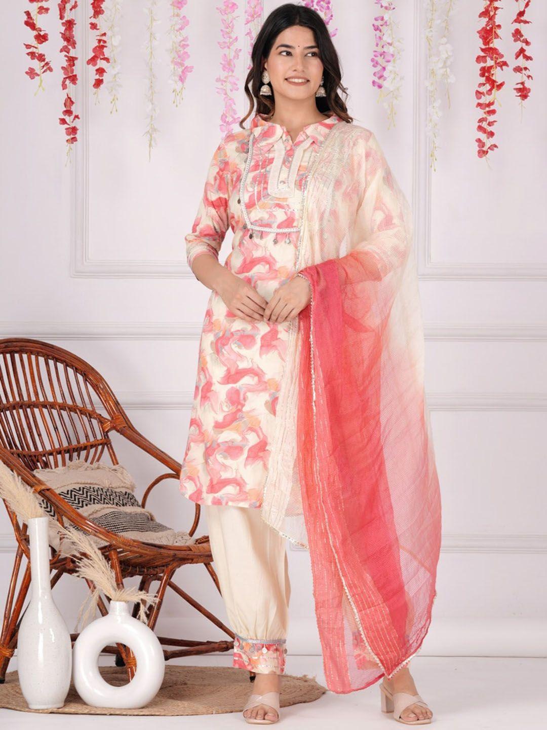 unisets abstract printed regular straight kurta & salwar with dupatta