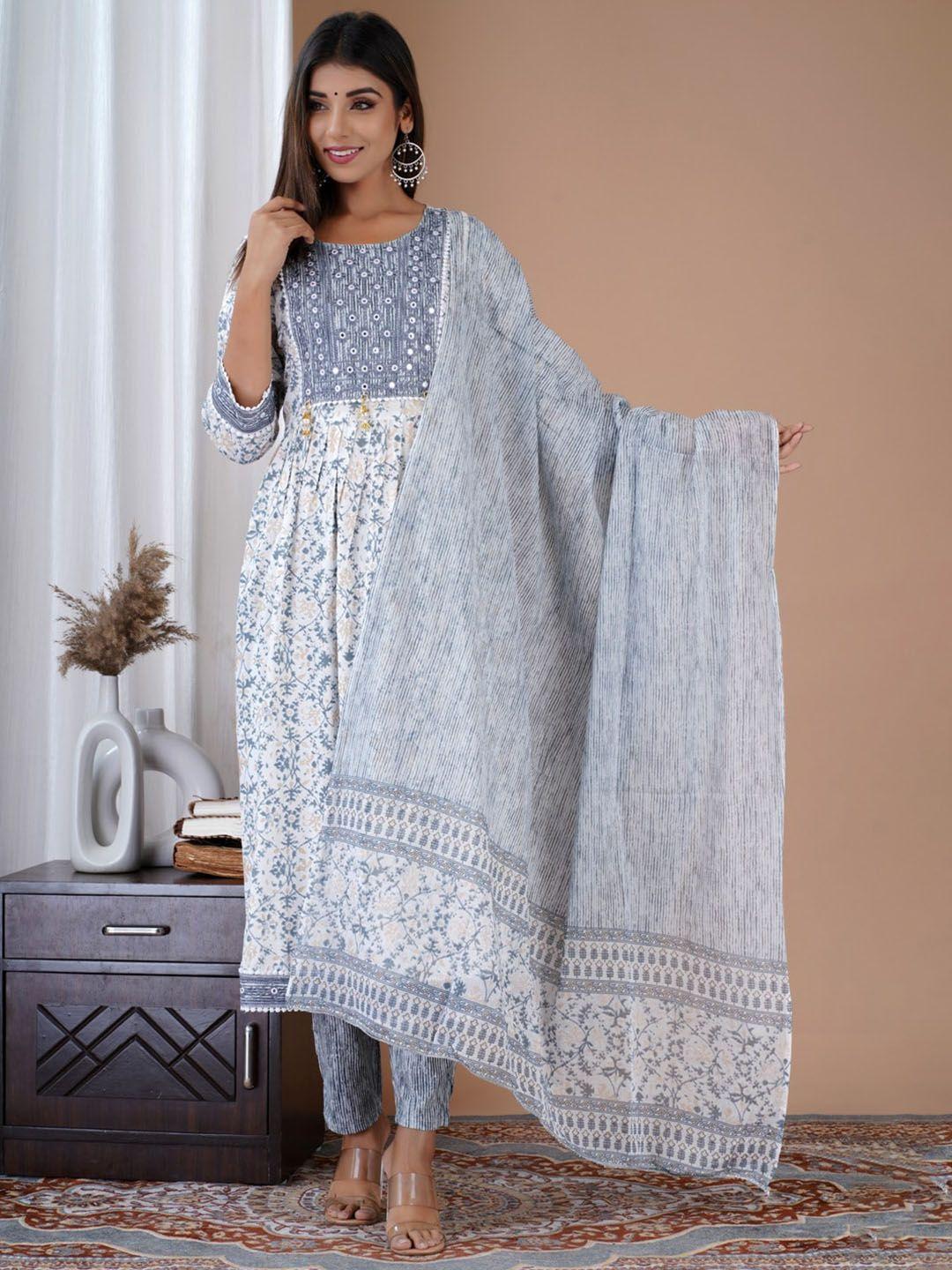 unisets floral printed a-line kurta with trousers & dupatta