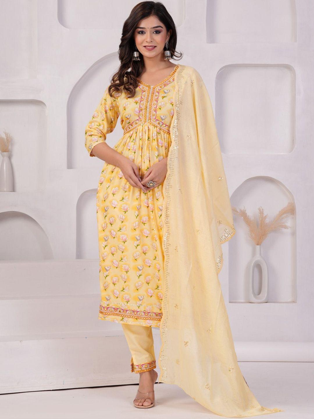 unisets floral printed empire a-line kurta with trousers & dupatta