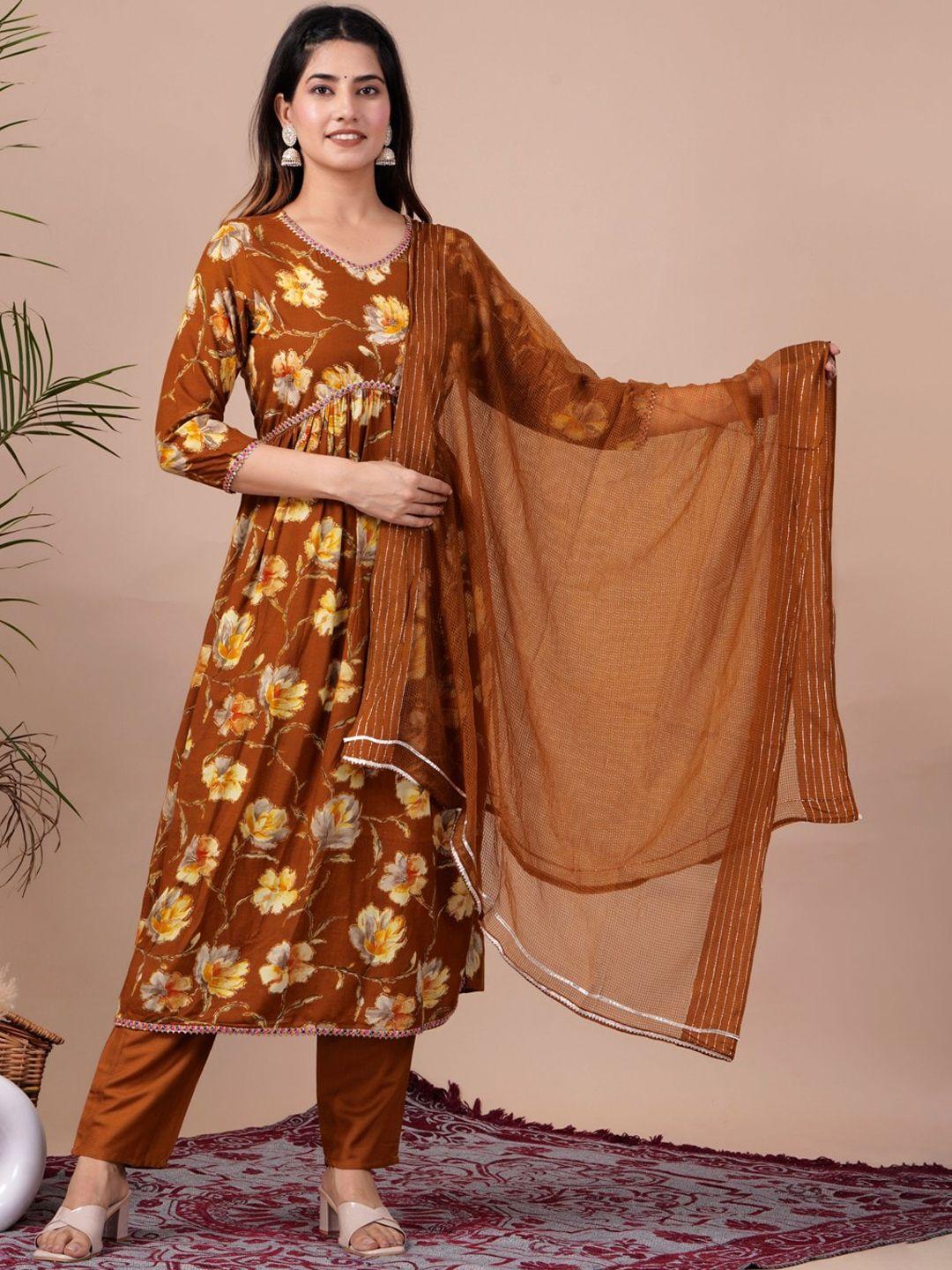 unisets floral printed empire kurta & trousers with dupatta