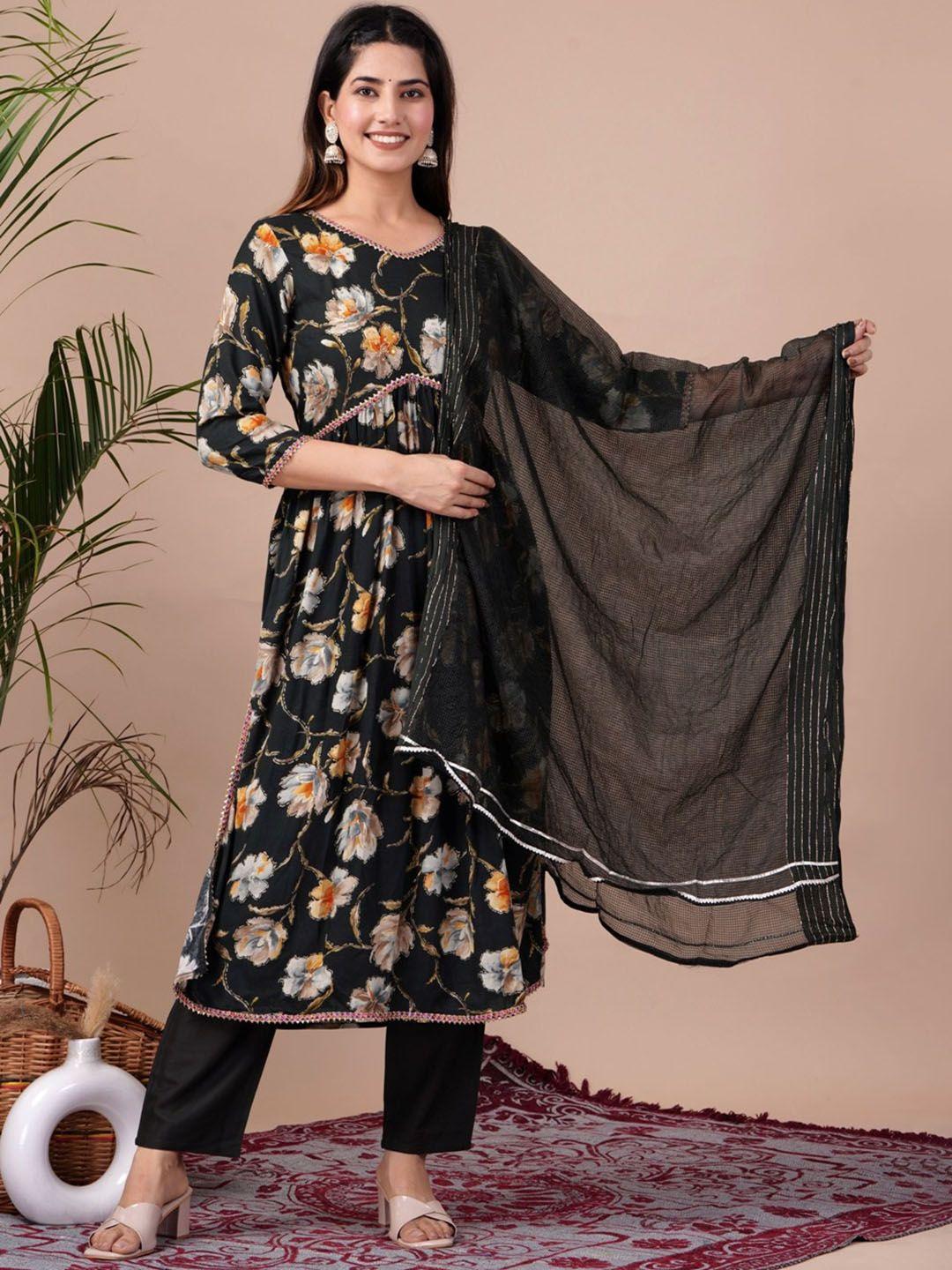 unisets floral printed empire kurta & trousers with dupatta