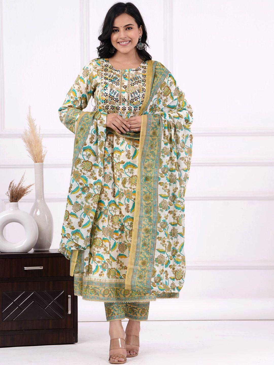 unisets floral printed mirror work anarkali kurta & trousers with dupatta